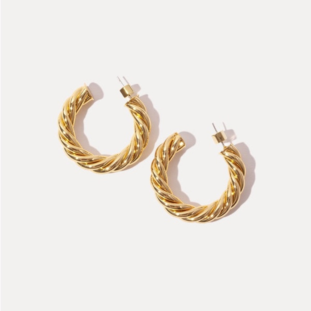New Chunky 18k Gold Plated Sterling Silver Twisted Push Back Lux Hoop Earrings - Picture 4 of 17